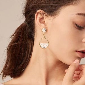 🎉 New Gold Plated White Marble Dangle Stud Earrings